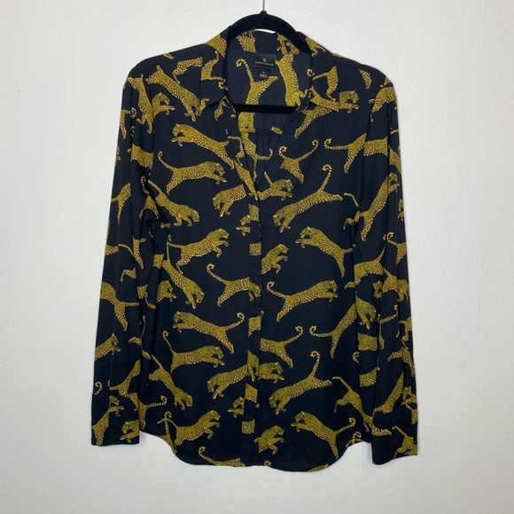 Worthingotn Black/Amber Leopard Print V-Neck Button Up Long Sleeve Blouse Size L - Picture 2 of 13